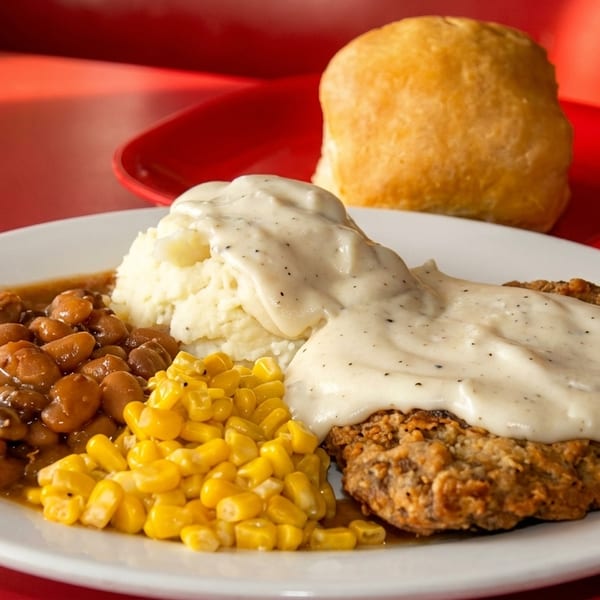 A plate of chicken fried steak with gravy, mashed potatoes, corn, and baked beans, with a roll.