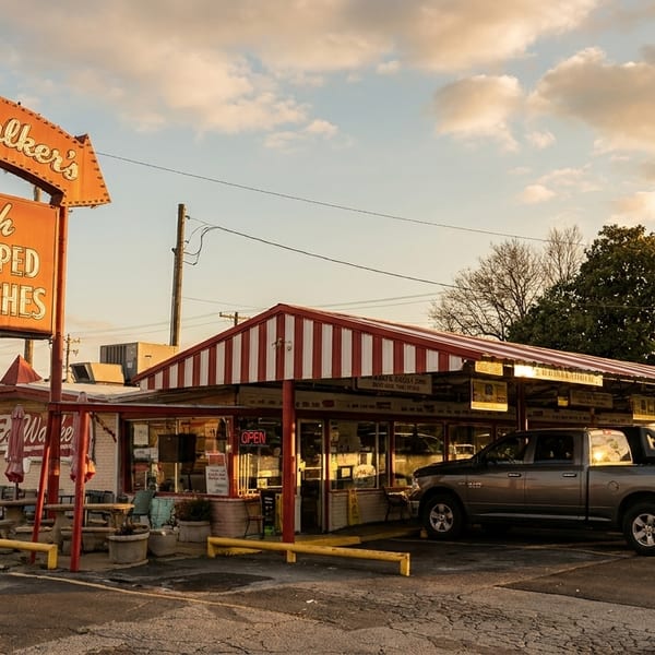 Ed Walker's French Dipped Sandwiches restaurant with a large sign and cars parked under a striped awning.