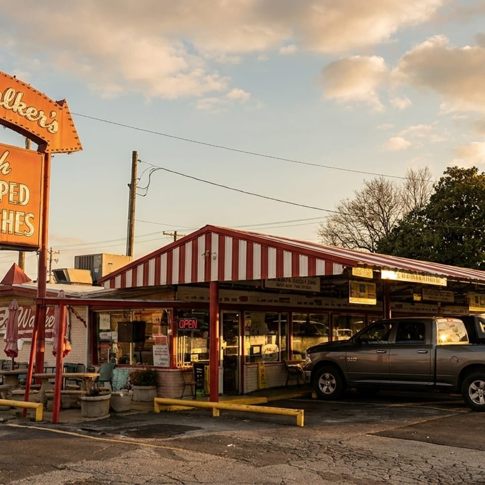 Ed Walker's French Dipped Sandwiches restaurant with a large sign and cars parked under a striped awning.