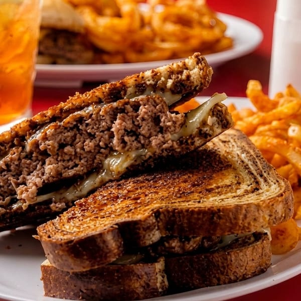 Patty melt sandwich with melted cheese and grilled bread, served with curly fries and iced tea.